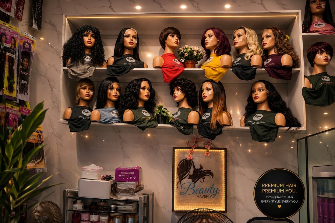 Beauty Maven's in-house wig studio and collection wall